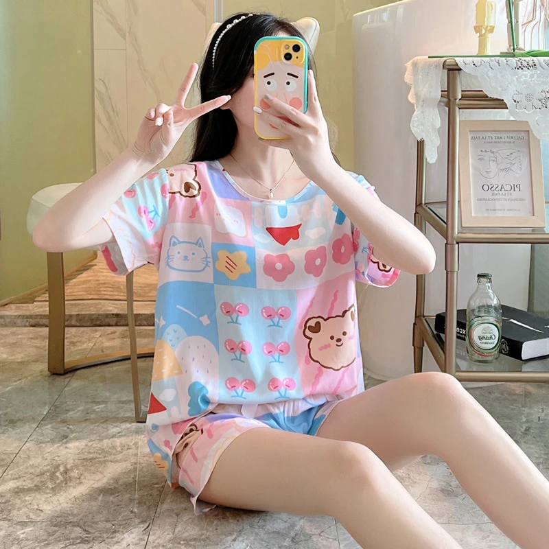 棉绸睡衣女夏季短袖薄款印花网红套装夏天可外穿年轻人棉绸套装