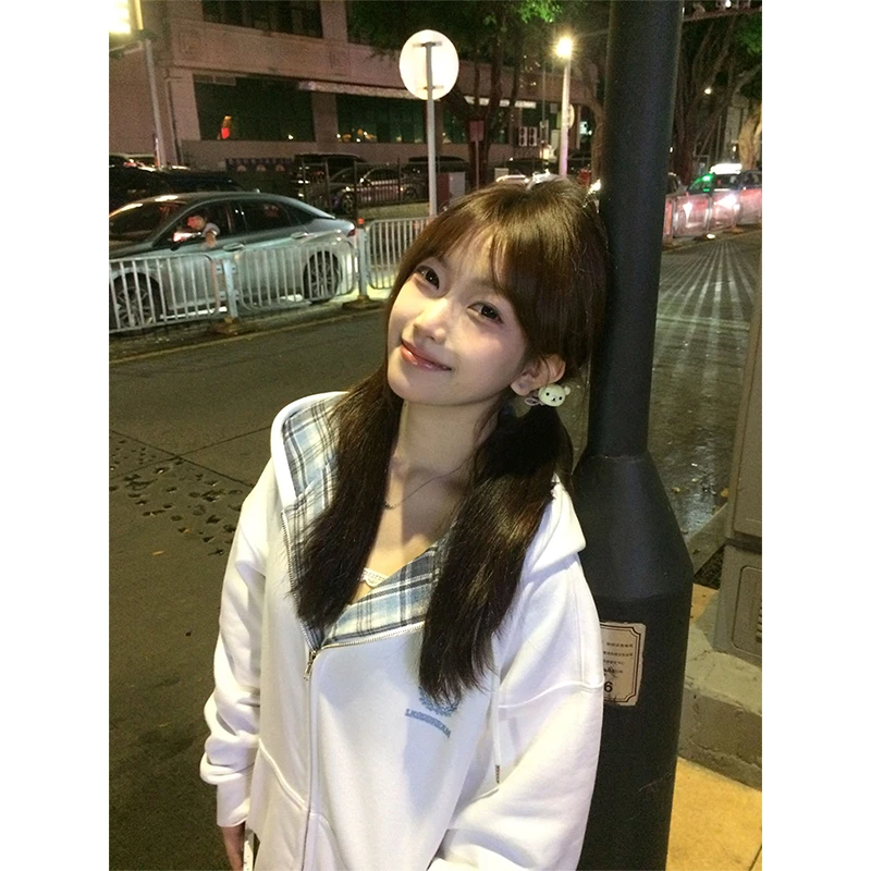 好物分享~美式格纹拼接连帽开衫卫衣女秋冬加绒加厚宽松潮牌外套