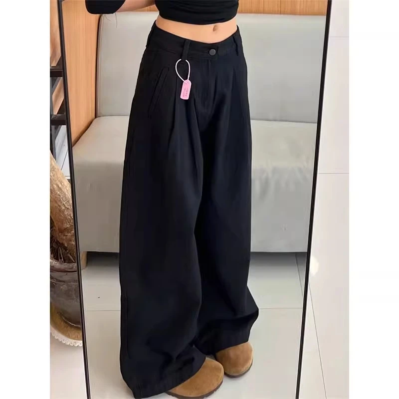 黑色纹理感设计高腰阔腿牛仔裤女2025春夏新款宽松遮肉显瘦拖地裤