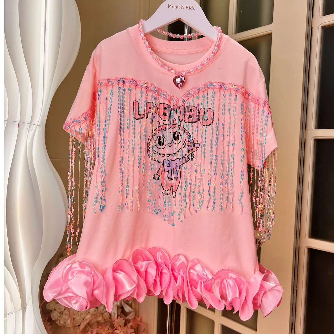 MN女童lububu短袖裙子2025夏女孩休闲T裙女童洋气公主裙LABUBUT裙