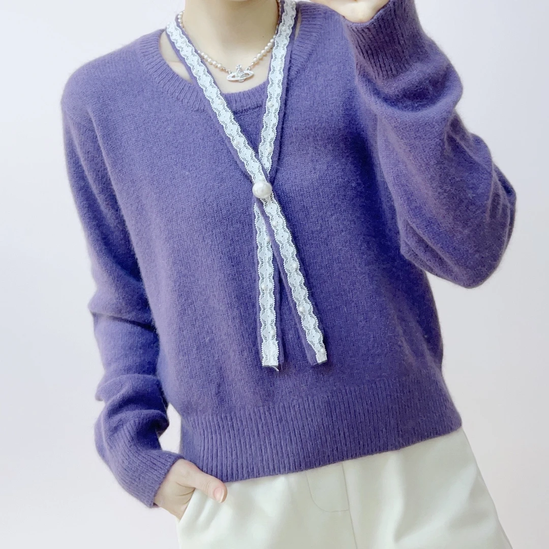 111时尚法式高级感香风蕾丝飘带别致长袖针织毛衣111/衣GP