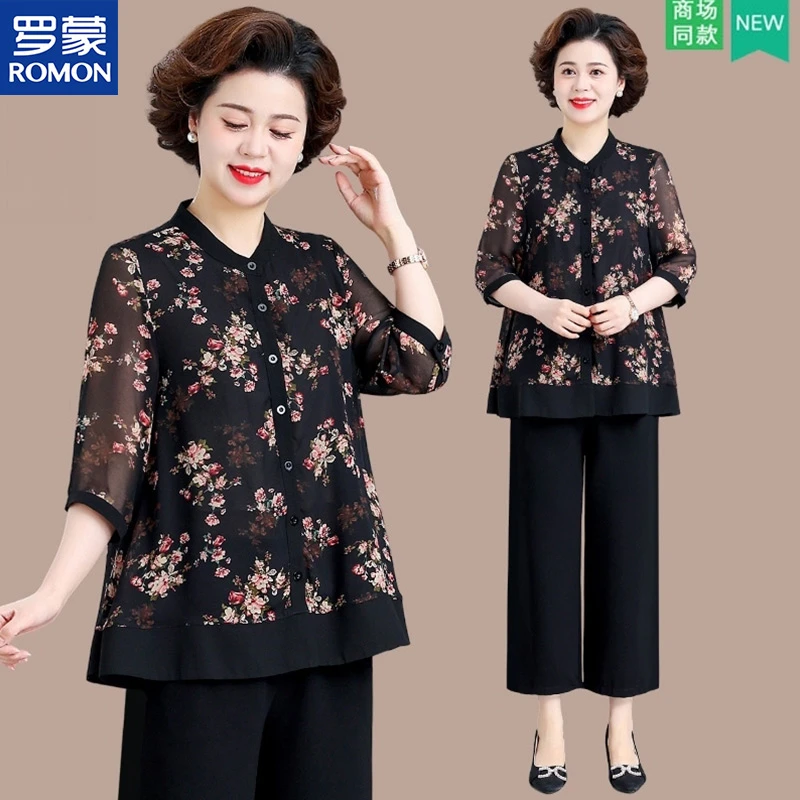 Romon/罗蒙洋气雪纺衫中老年女大码衬衫两件套衣服妈妈夏装套装