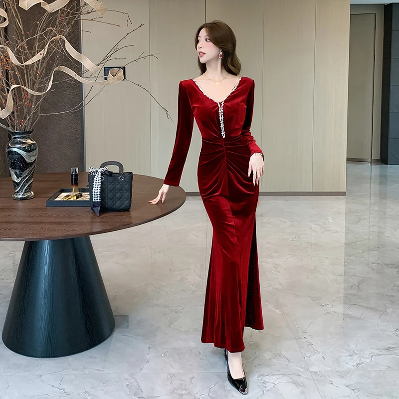 气质长袖长款修身名媛秋冬季新款金丝绒撞色钉钻长裙连衣裙包臀裙