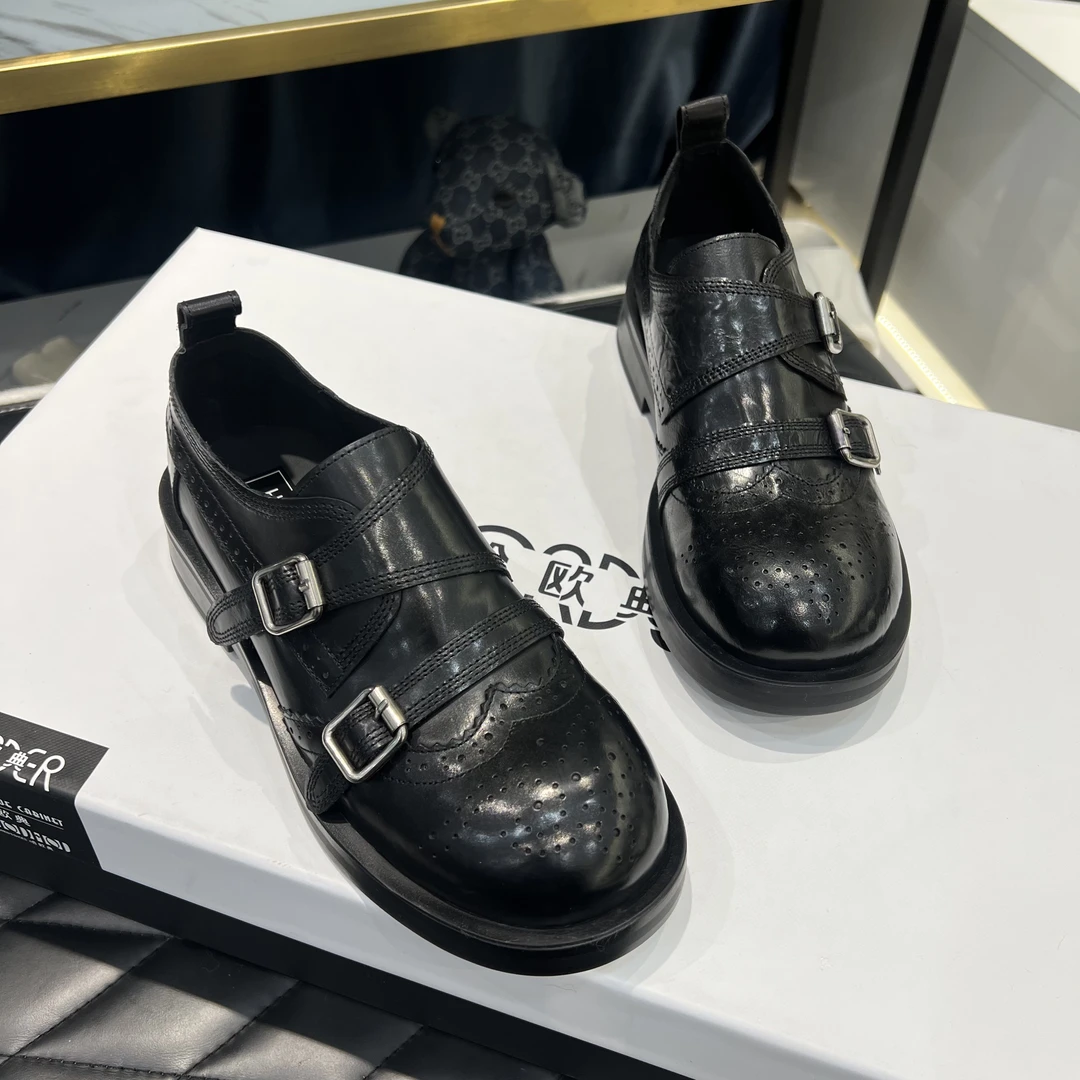 [大韩韩]早春新款8818-1手抓胎牛皮圆头气质2cm左右单鞋乐福鞋