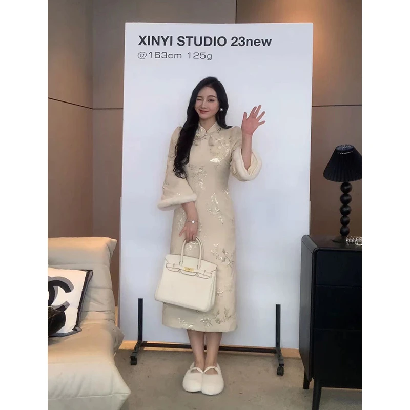 XINYI【喜鹊踏枝】新中式拜年服冬季兔毛国风连衣裙显瘦X623Q09735
