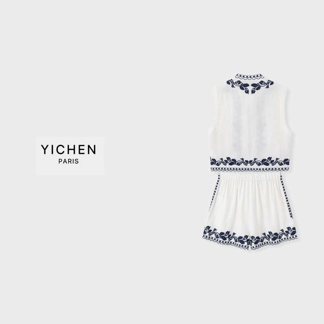 YC 重工蓝白色刺绣提花无袖亚麻短马甲/刺绣抽绳阔腿短裤-1912
