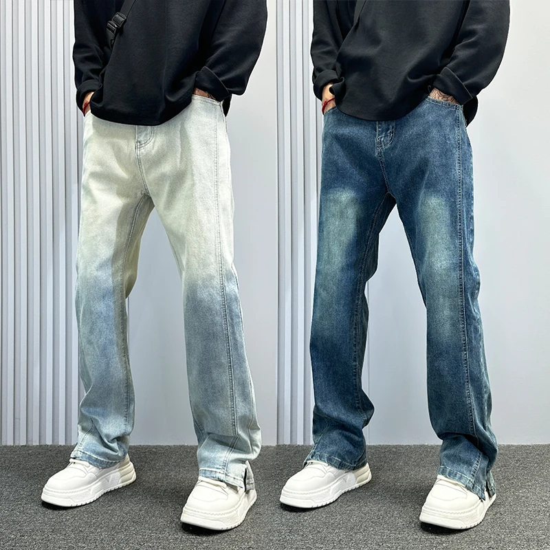 cleanfit裤脚开叉显瘦牛仔裤男款修身直筒秋季vibe美式高街微喇长