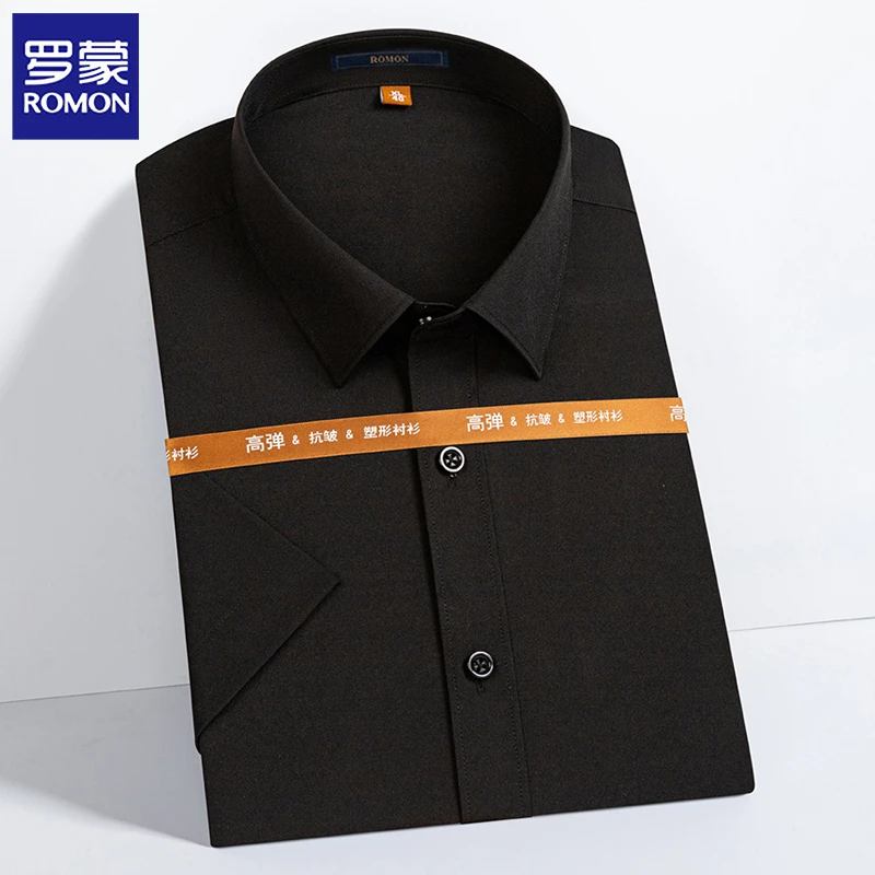 【大肚遮肉】罗蒙夏季男士薄款短袖衬衫男装商务轻奢黑色休闲高级感