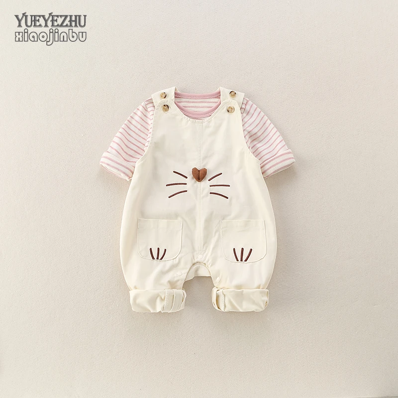 婴儿背带裤套装秋装长袖韩版卡通女宝宝分体衣服春秋季可爱两件套