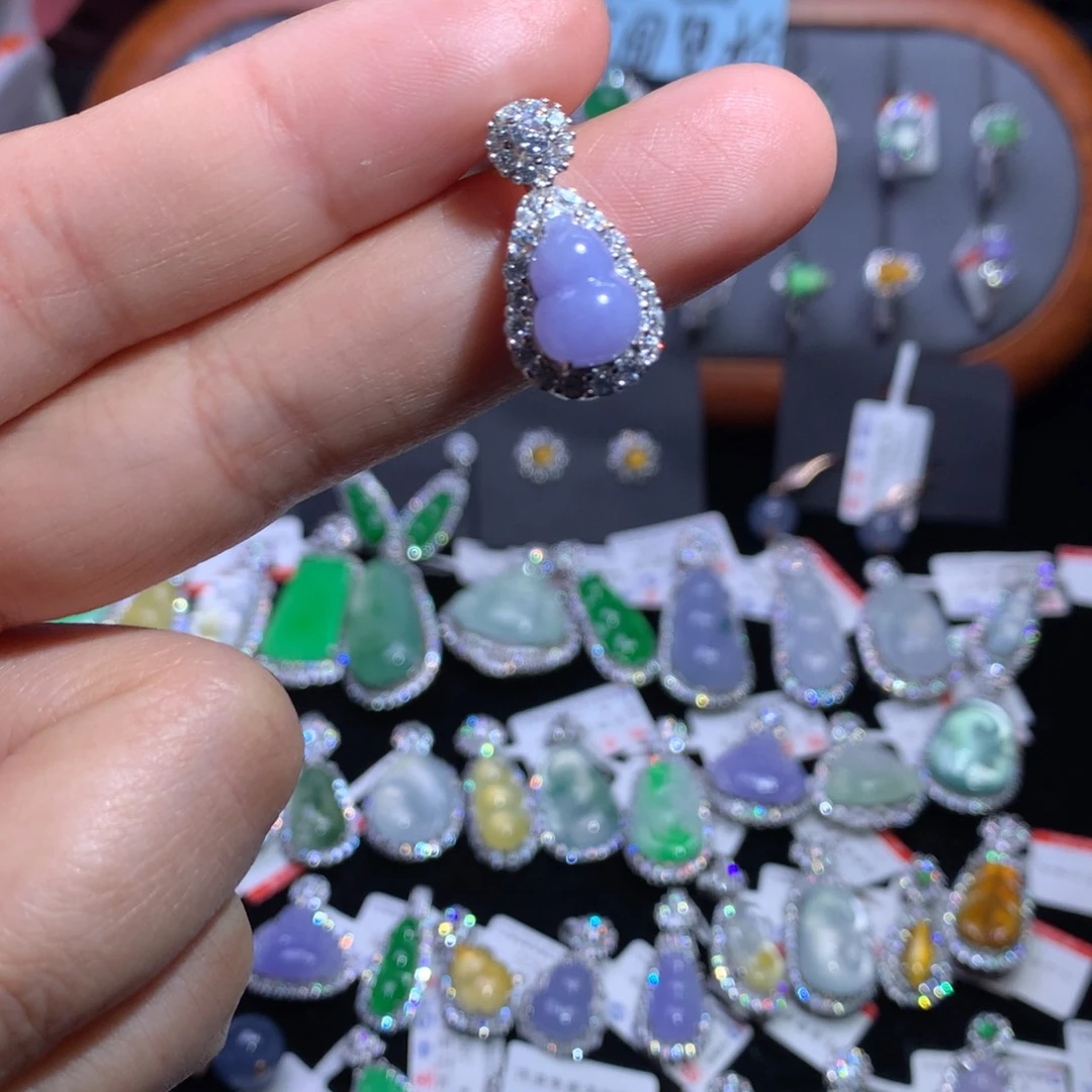 翡翠颈饰银S925镶嵌天然翡翠A货缅料冰紫葫芦吊坠