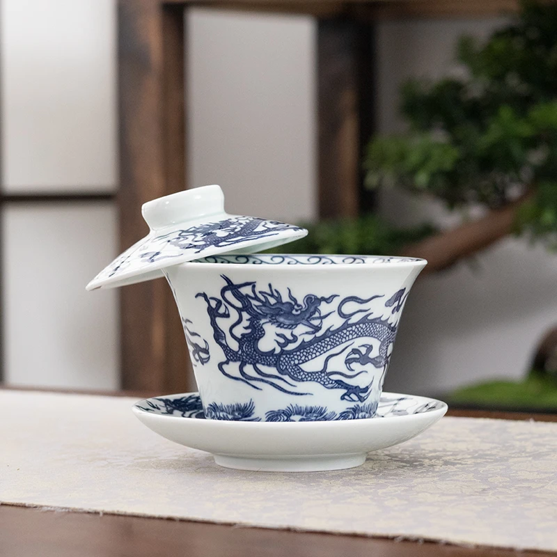 中式悬停泡茶个人专用茶具青花龙纹盖碗茶具高档陶瓷三才盖碗茶杯