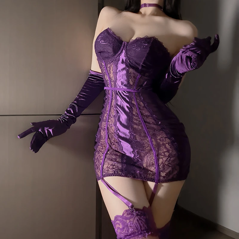纯欲性感睡裙性感蕾丝缎面紫色包臀裙短裙女连体衣