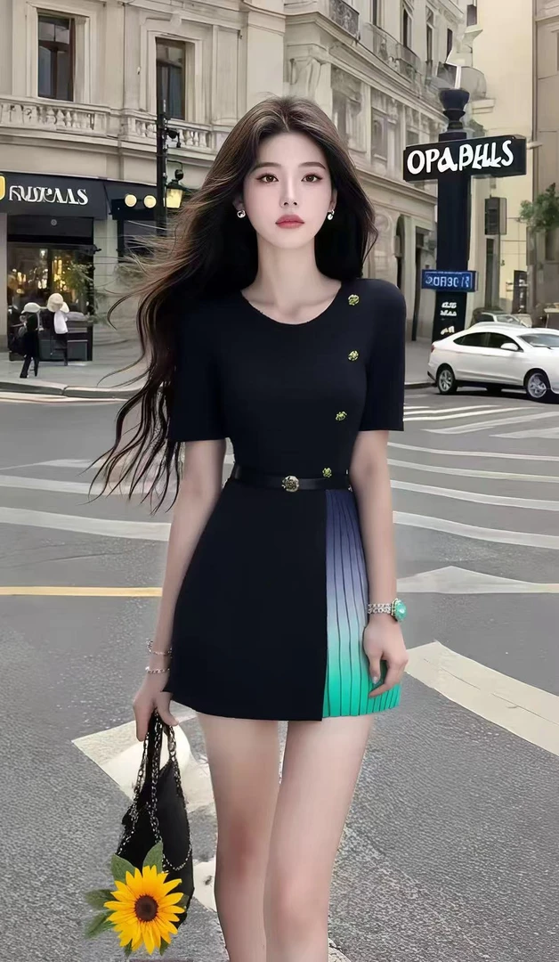 轻奢高端大气温柔知性风黑色圆领收腰短袖包臀时尚气质连衣裙女