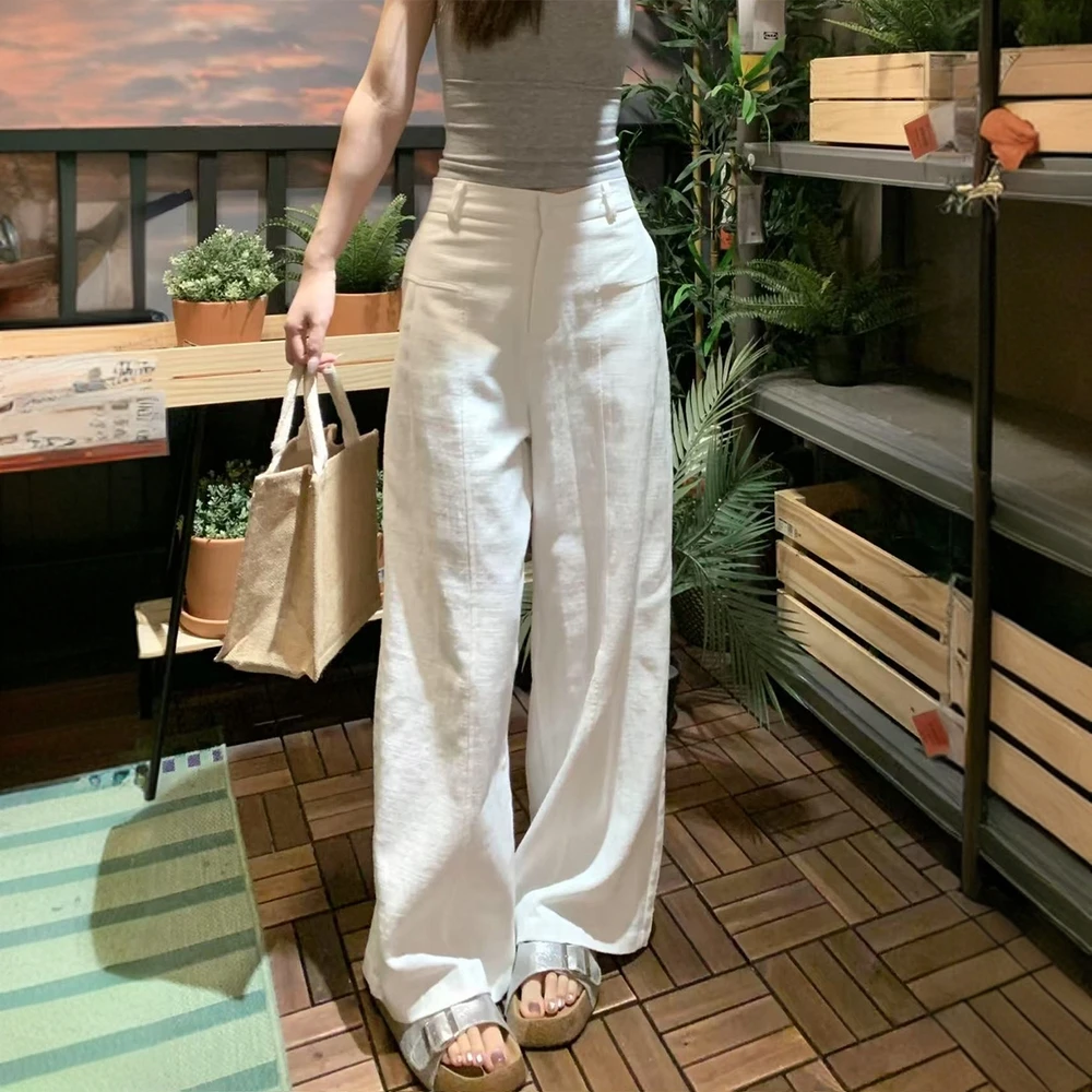 白色冰丝亚麻阔腿裤女夏2025新款高腰显瘦冰感棉麻宽松休闲西装裤