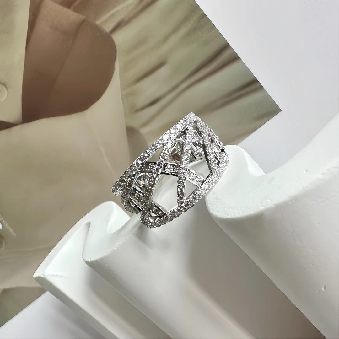 铜合金合成锆石戒指 设计师款上层几何开口满钻戒指T5006