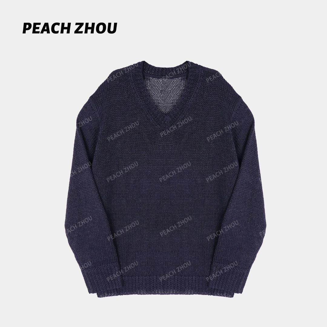 『PEACHZHOU』日本和纸纱毛织宽松V领针织衫简约休闲纯色长袖罩衫