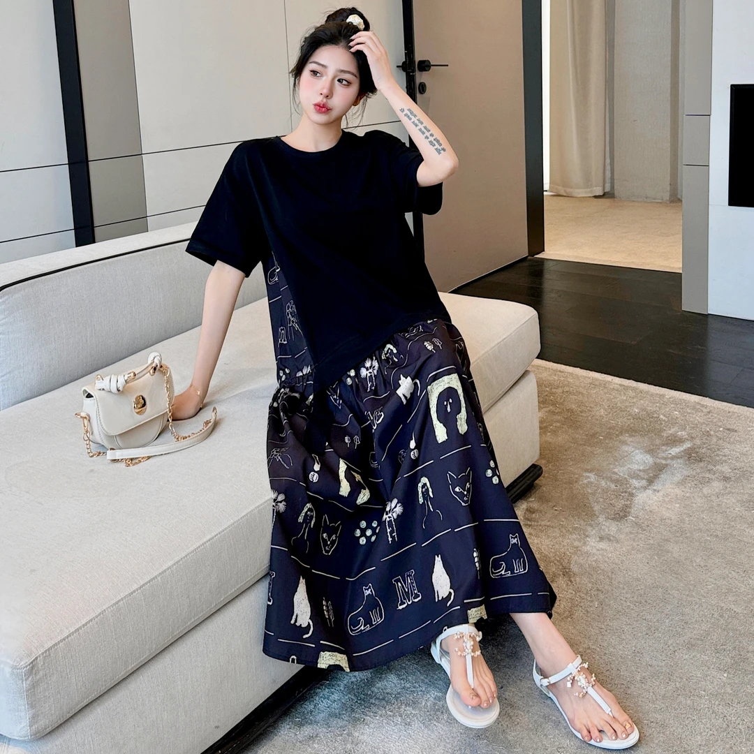 短袖假两件T恤长裙女2025夏新款大码休闲宽松下摆印花短袖连衣裙