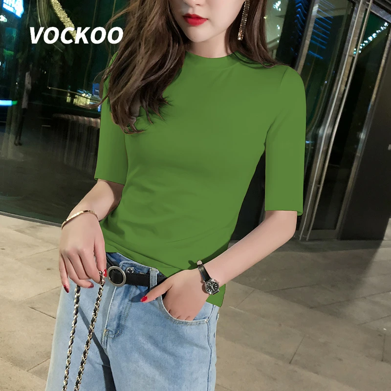 VOCKOO牛油果绿t恤女半高领中袖修身内搭打底衫紧身上衣半截袖纯