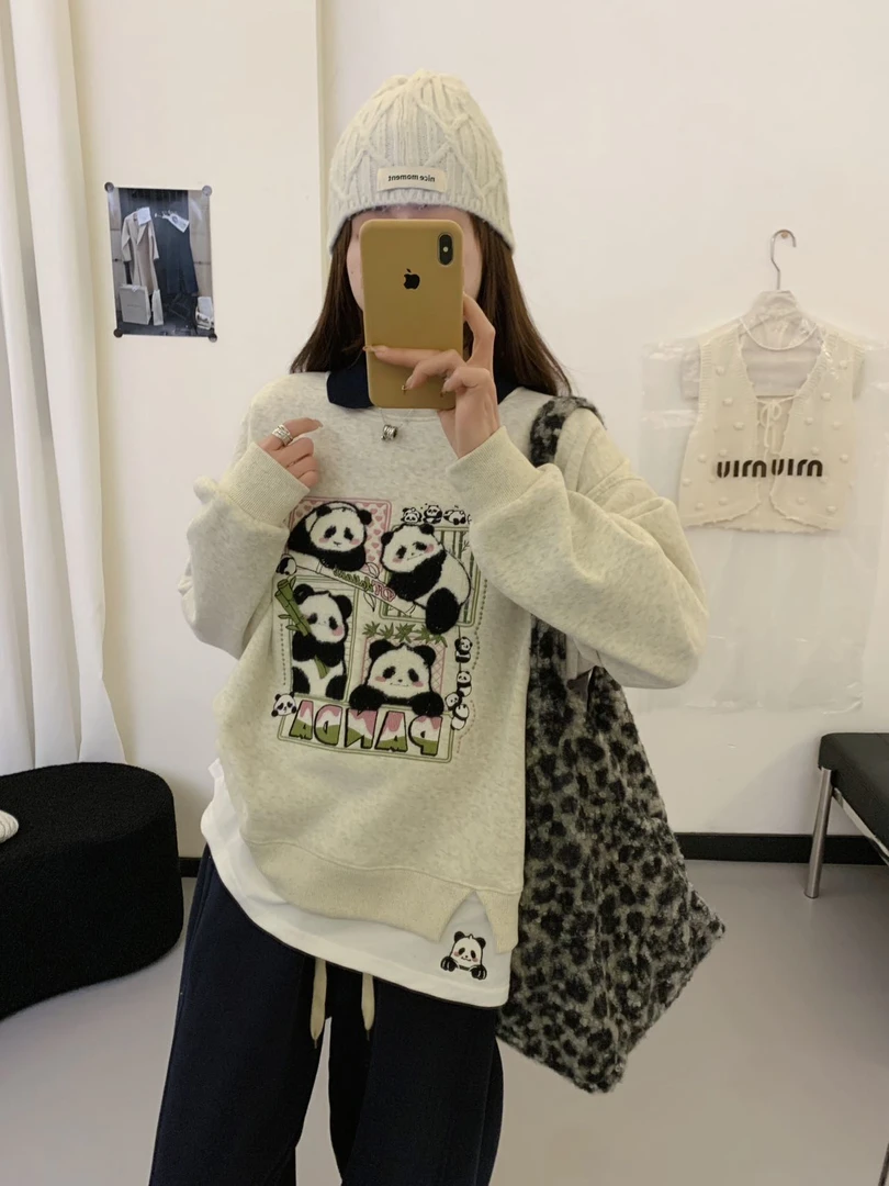 DT3721（ 冬款）新款卡通竹子熊猫四宫格polo韩版休闲加绒连帽卫衣