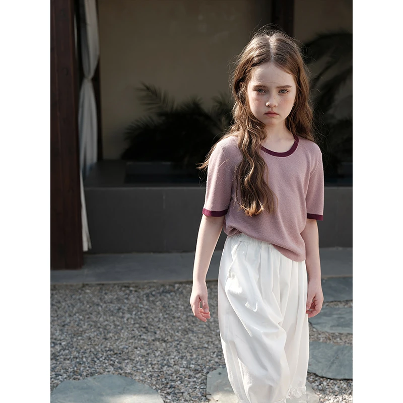 PISELLI史豌豆女童撞色针织短袖T  Y3076