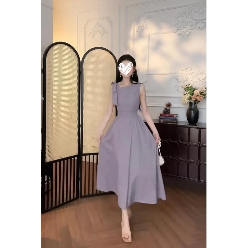 法式优雅高级吊带无袖连衣裙女夏季气质款紫色系带蝴蝶结长款裙子