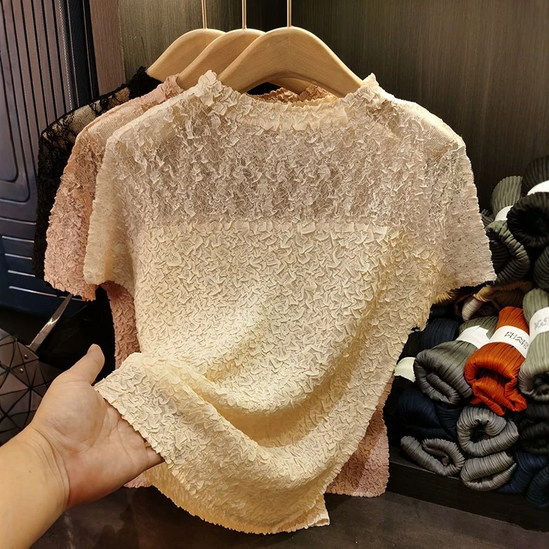 蕾丝设计感拼接圆领T恤女夏季新款时尚纯色褶皱短袖宽松百搭上衣
