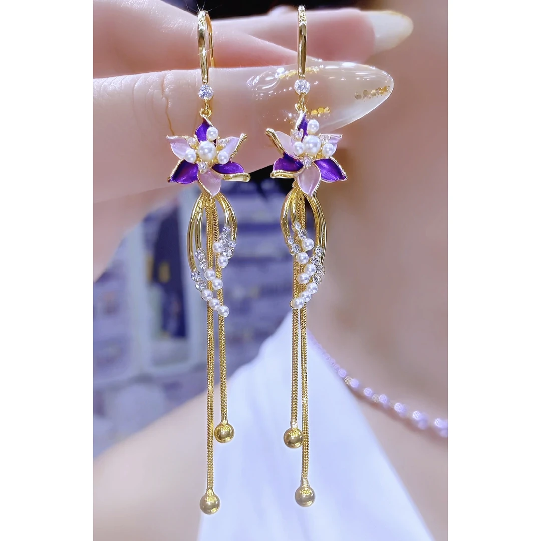 铜合金合成锆石耳饰 时尚百搭轻奢气质优雅花朵流苏耳环