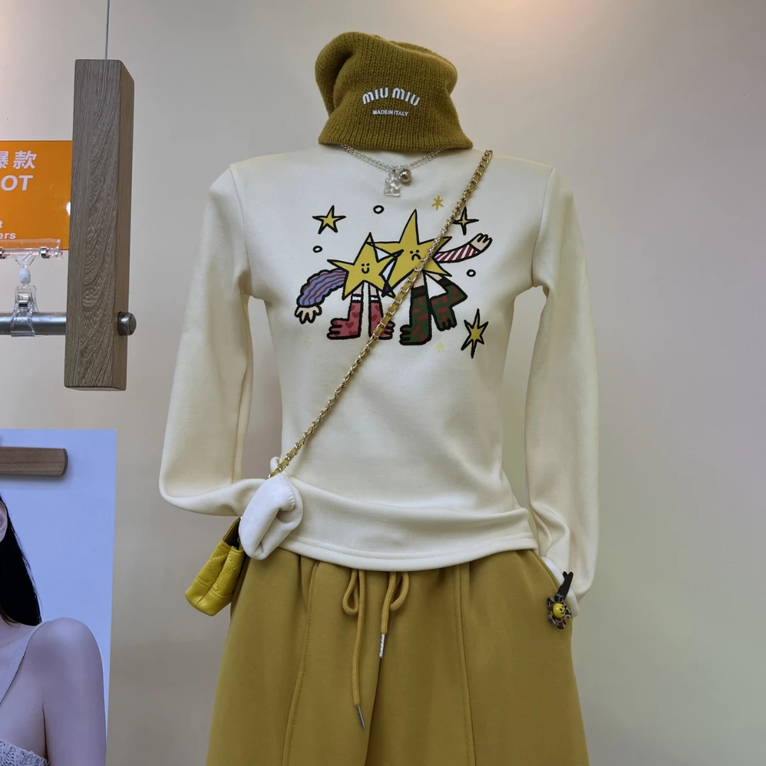 2025款冬季新款加绒加厚长袖内搭半高领显瘦卡通印花打底衫上衣