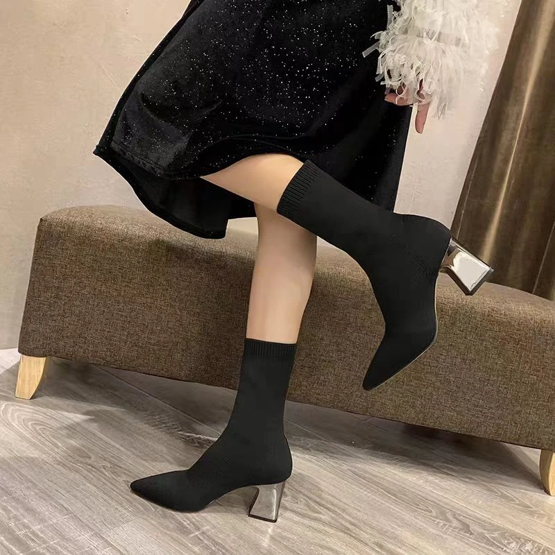 增高女鞋防滑袜靴瘦瘦靴尖头时尚弹力靴细跟中筒高跟