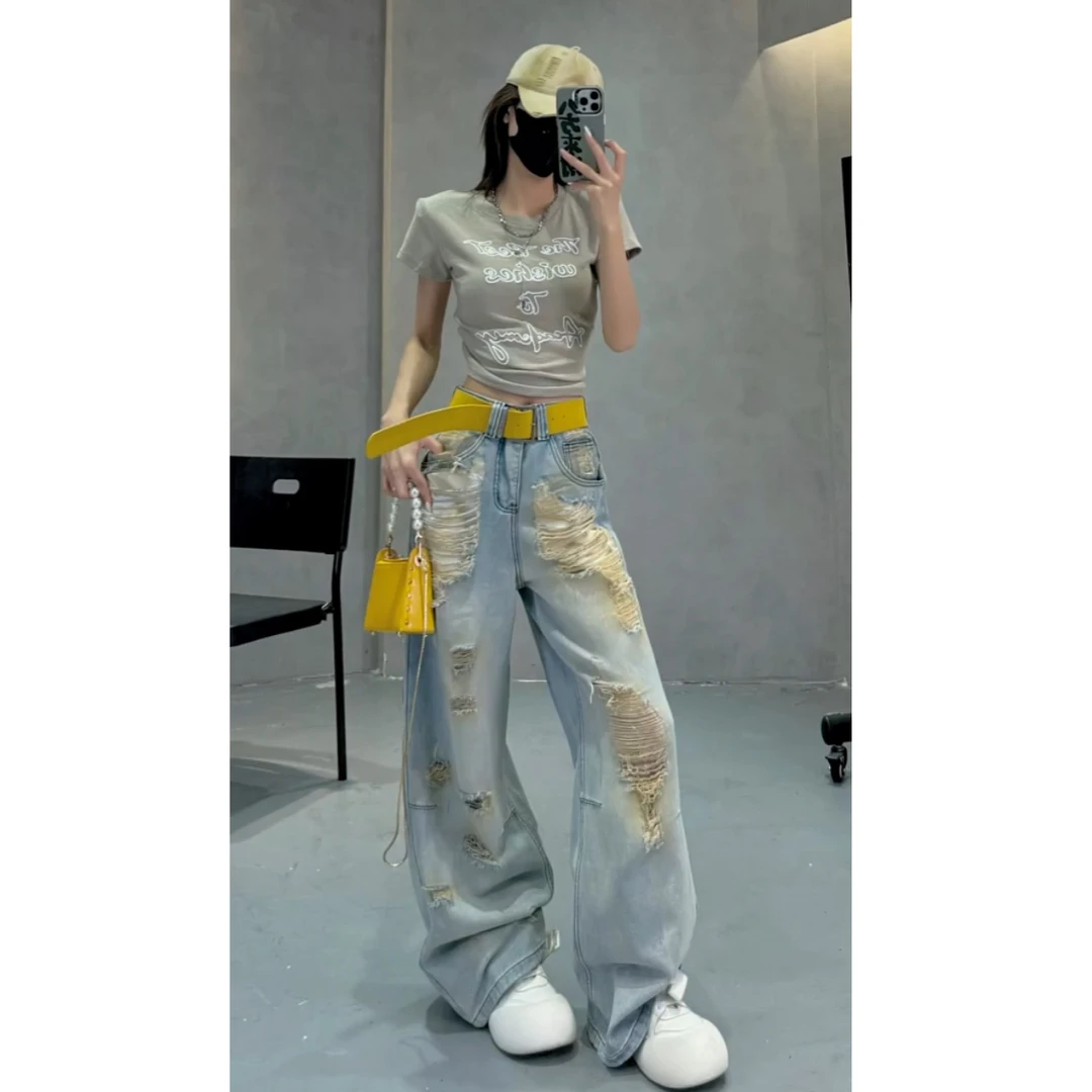 春季新款牛仔裤阔腿春夏设计款破洞时髦乞丐裤牛仔裤女