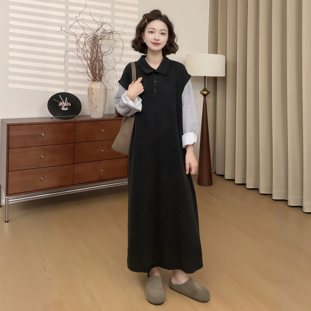 韩系条纹甜美假两件连衣裙女2025秋季大码胖MM休闲显瘦减龄裙子