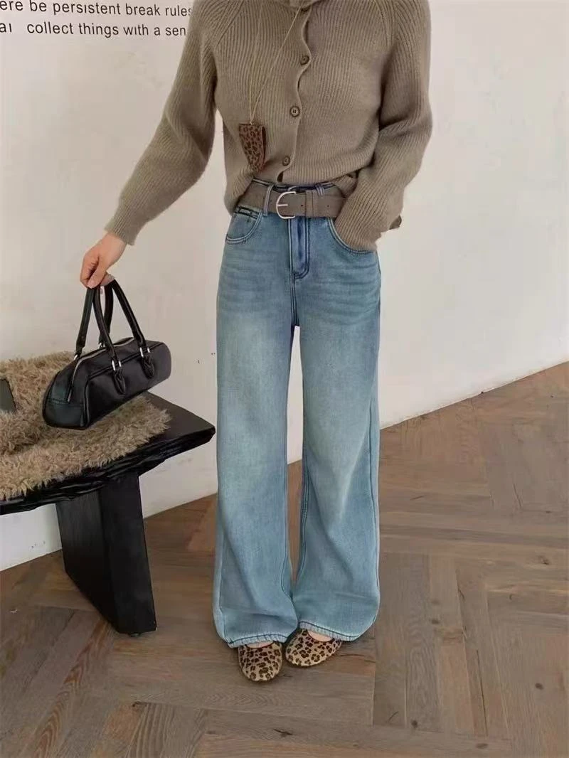 2025新款时尚百搭高腰显瘦直筒裤女宽松阔腿加绒牛仔裤5156