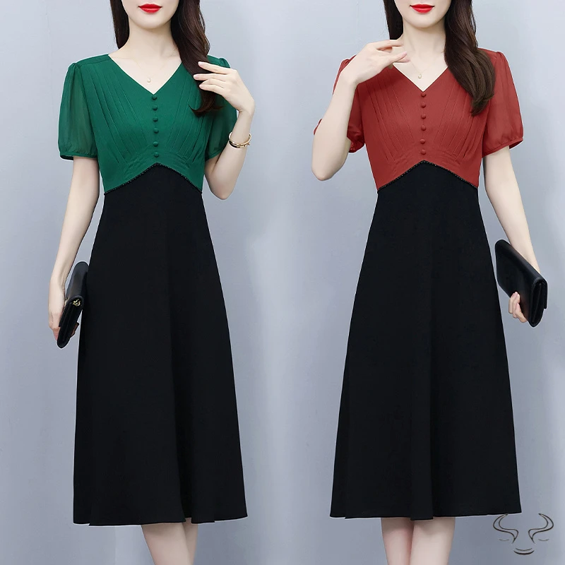 时尚拼接假两件连衣裙新款夏季V领高腰修身遮肚短袖中长裙子