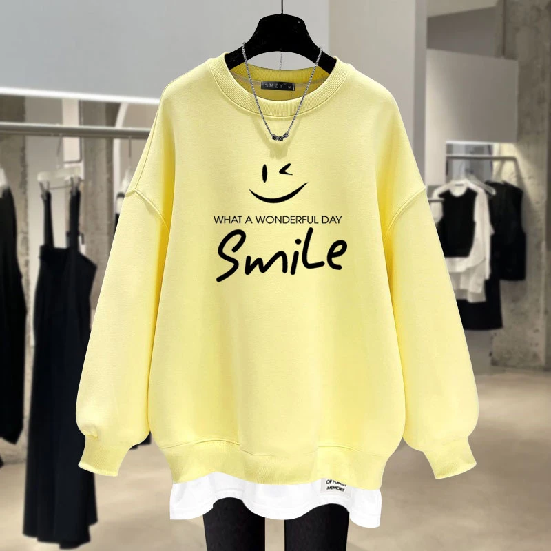 高级感大版加绒春秋卫衣女2025新款简约风字母笑脸休闲宽松上衣
