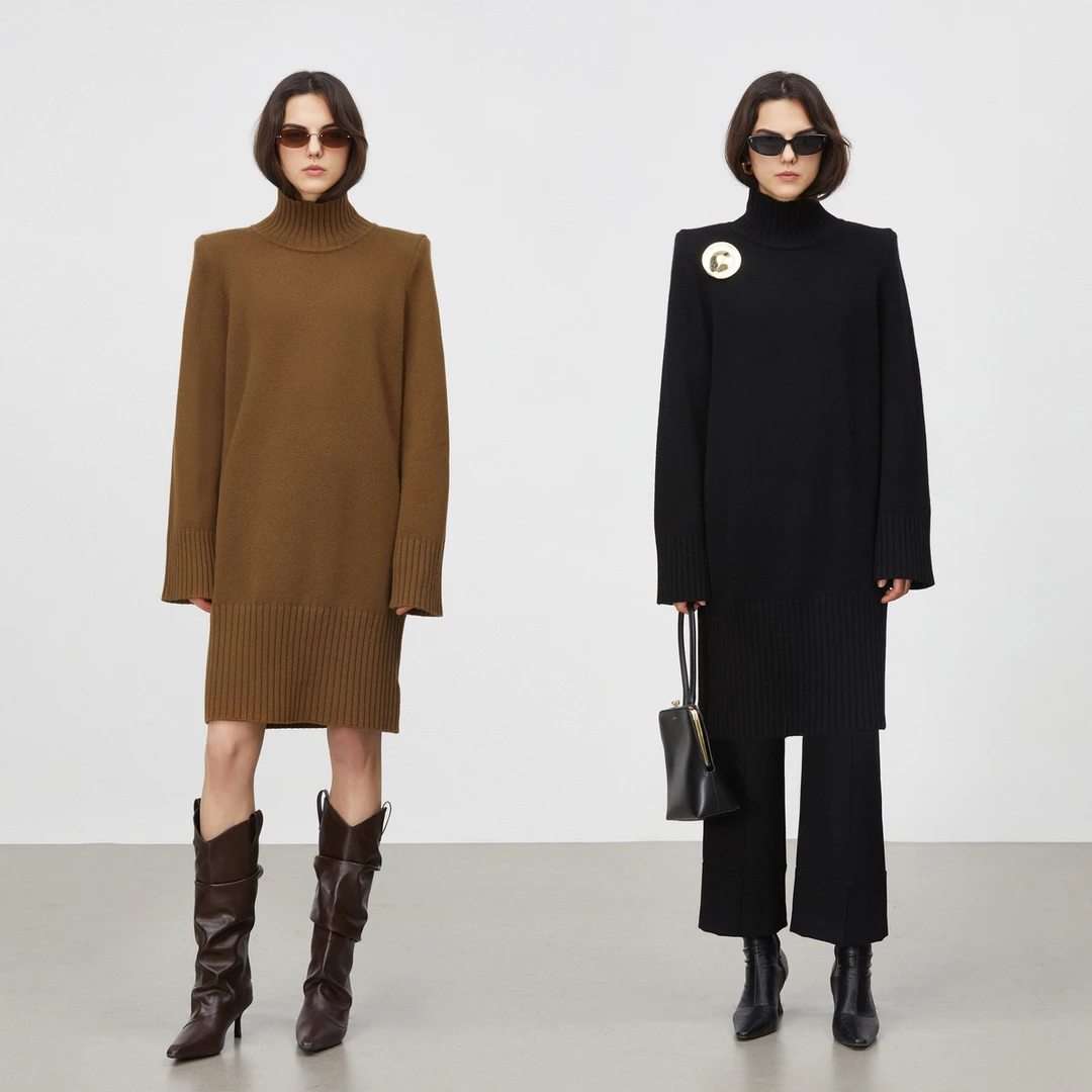 LYNEE 高领粗针中长款针织连衣裙女 LGD2DAK099