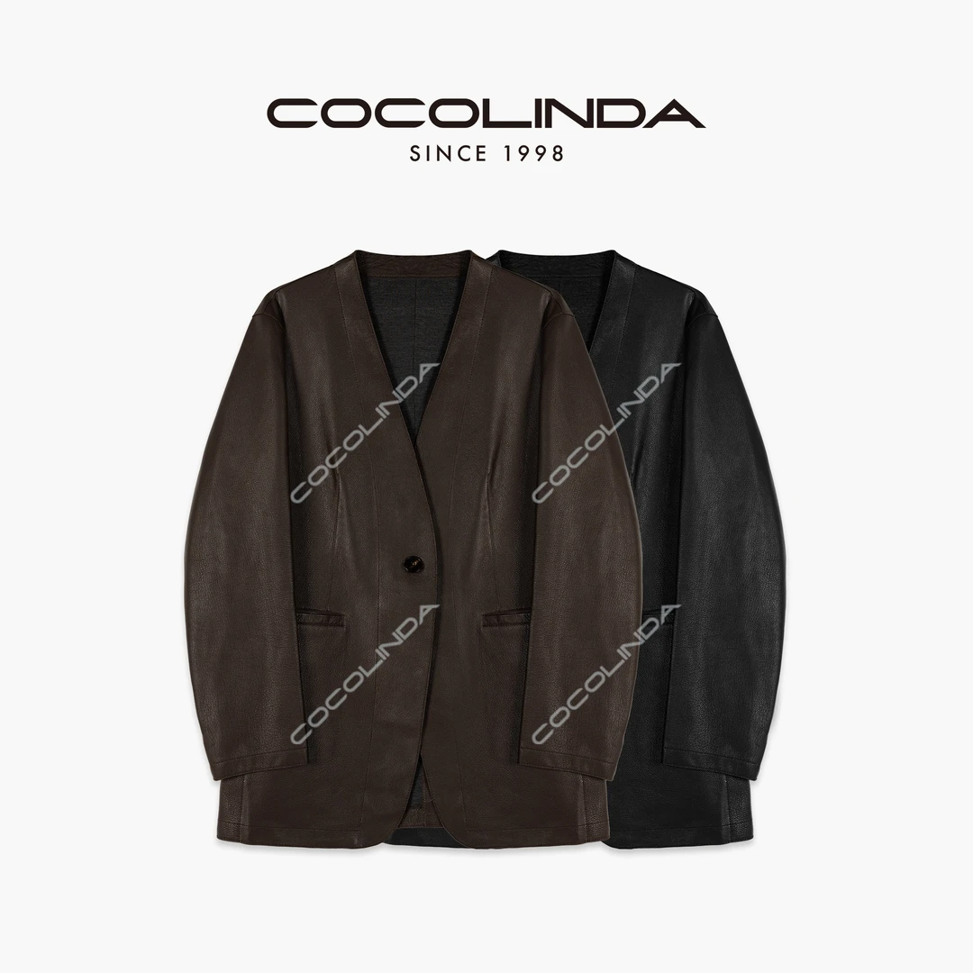 COCOLINDA100%羊皮无领单面极简皮衣 F2246