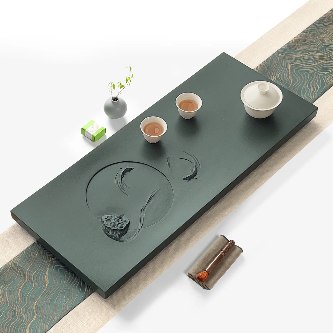 【莲莲有鱼】天然手工浮雕茶盘t天罗绿轻奢高档家用石头排水石茶台