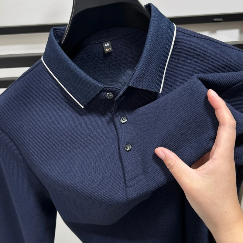 CATIA SELI2025新款秋季长袖T恤男士横条商务翻领polo衫纯色内搭