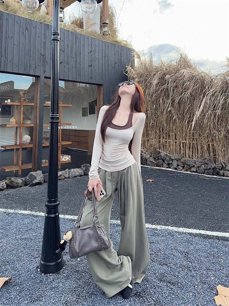 假两件挂脖上衣长袖T恤女打底衫+美式宽松阔腿休闲裤长裤两件套装