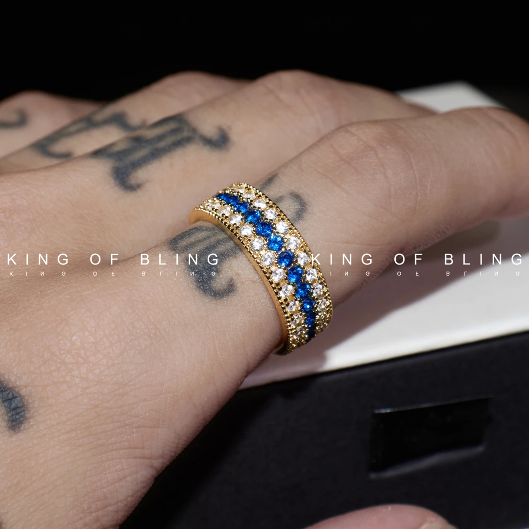 KING OF BLING 铜合金合成锆石戒指 蓝锆王冠开口戒嘻哈老钱轻奢