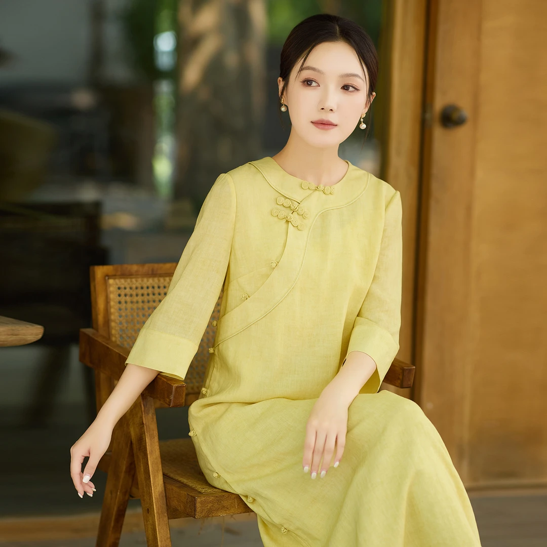 H277棉麻连衣裙女2025新款苎麻高端盘扣文艺女装改良旗袍禅意茶服