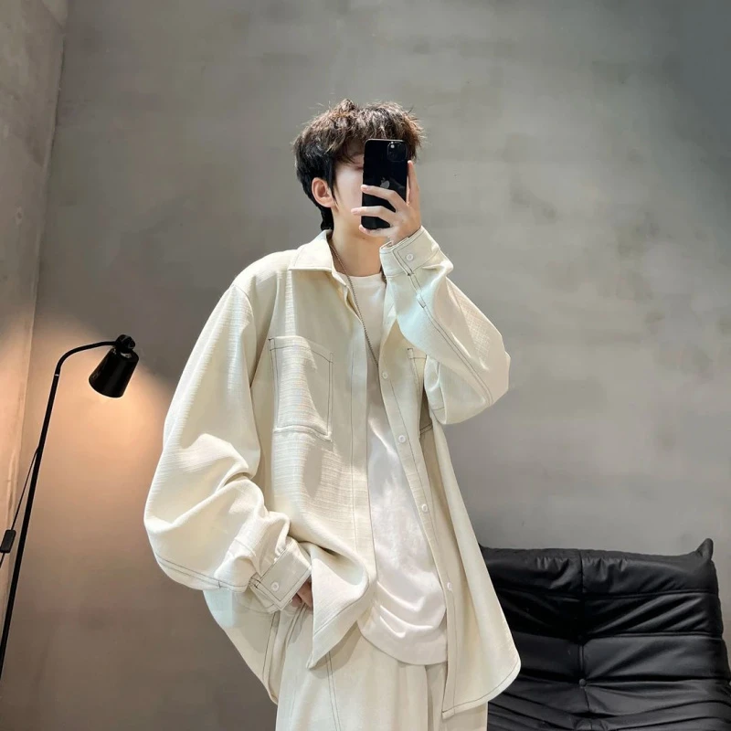 秋夏ins日系时尚潮流立领衬衫短袖短裤情侣极简风时尚套装男帅气