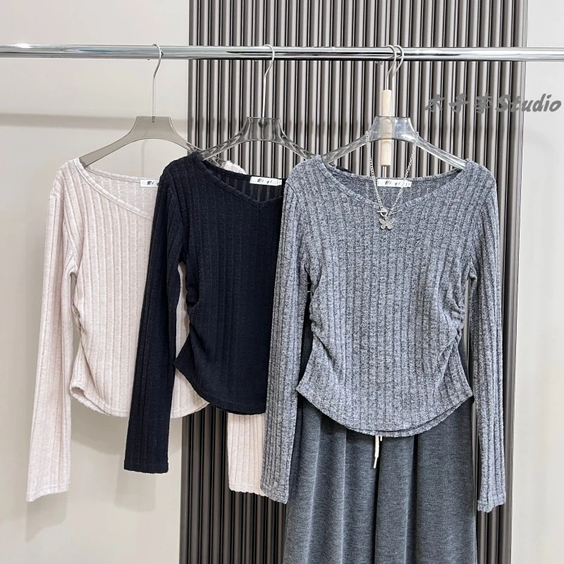 现货海鸥领法兰绒长袖2025磨毛打底衫显瘦百搭长袖上衣