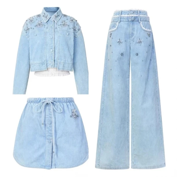 辰辰服饰蓝色灯芯绒牛仔外套半裙牛仔裤