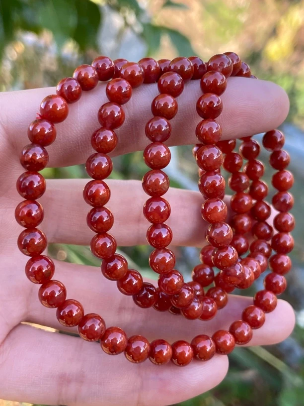 精品川料瓦西南红玛瑙6mm绕手4圈手串，颜色红润，火焰纹