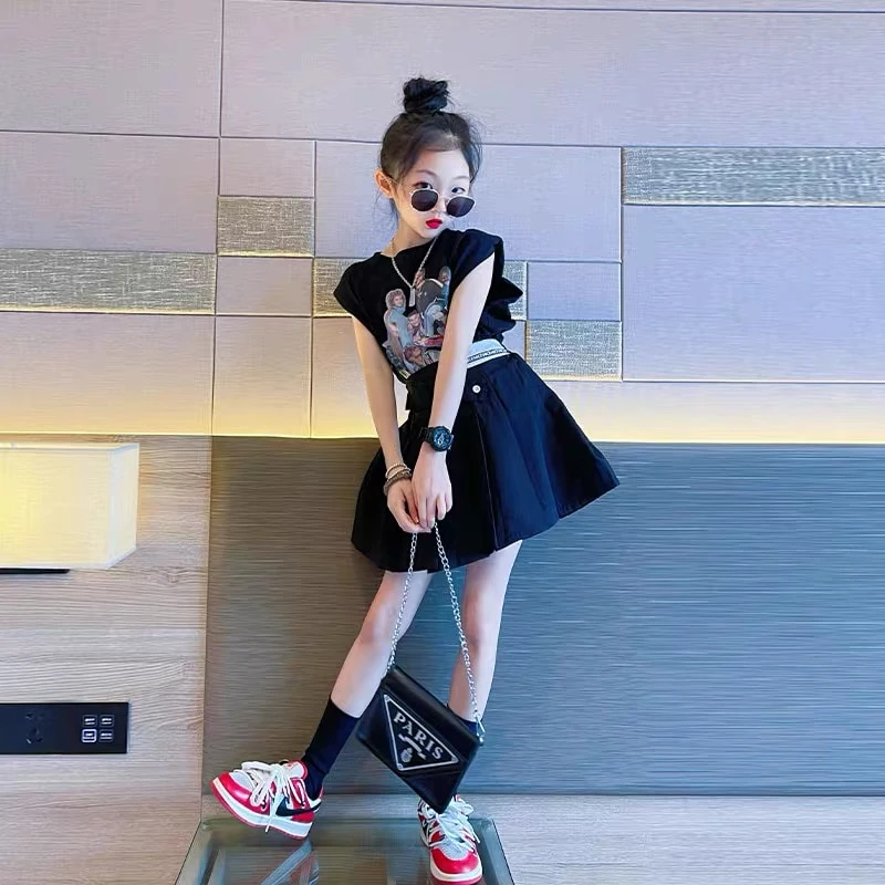 韩版女童夏季时髦百褶裙裤套装洋气印花垫肩短袖半裙休闲两件套潮