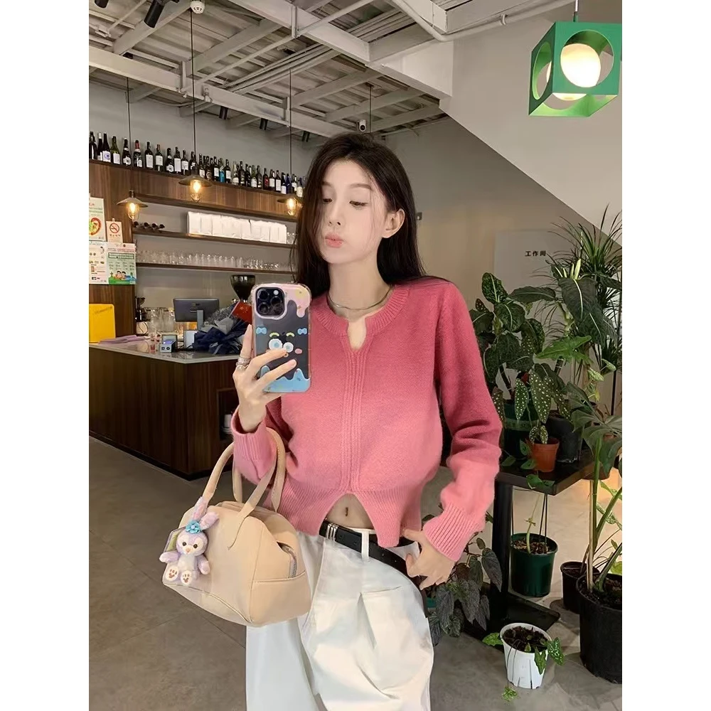 2025新款渐变色套头慵懒风粉色毛衣外穿女士长袖针织衫上衣