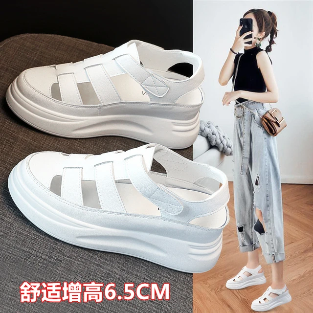 包头凉鞋女2025新款夏季真皮镂空透气小白鞋内增高运动厚底罗马鞋