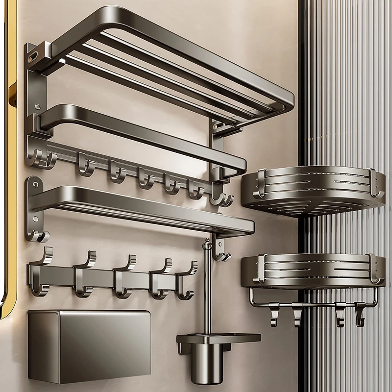 灰太空铝毛巾架免打孔卫生间浴室架子置物架浴巾架厕所卫浴五金