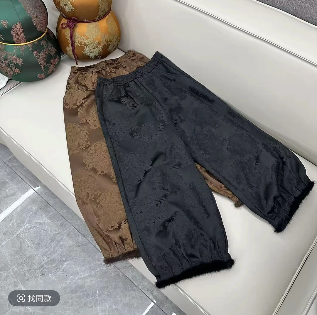 【专柜正品】真水貂 毛高腰阔腿长裤女加绒中国风保暖百搭提花裤